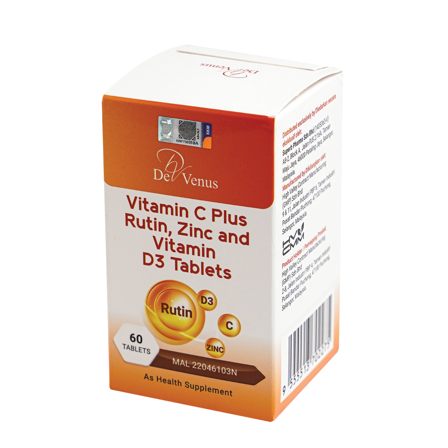 De Venus Vitamin C Plus Rutin, Zinc & D3 60s
