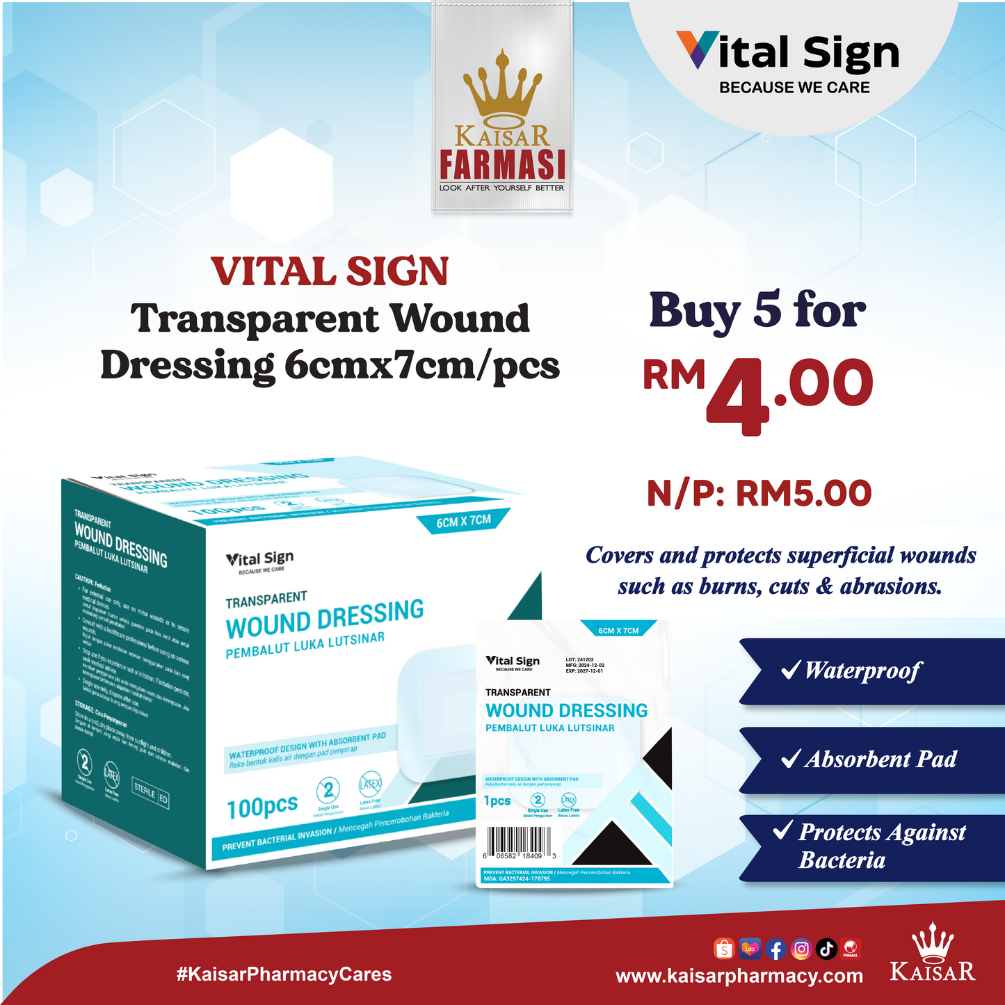 May Promo Vital Sign Transparent Wound Dressing 6cm X 7cm