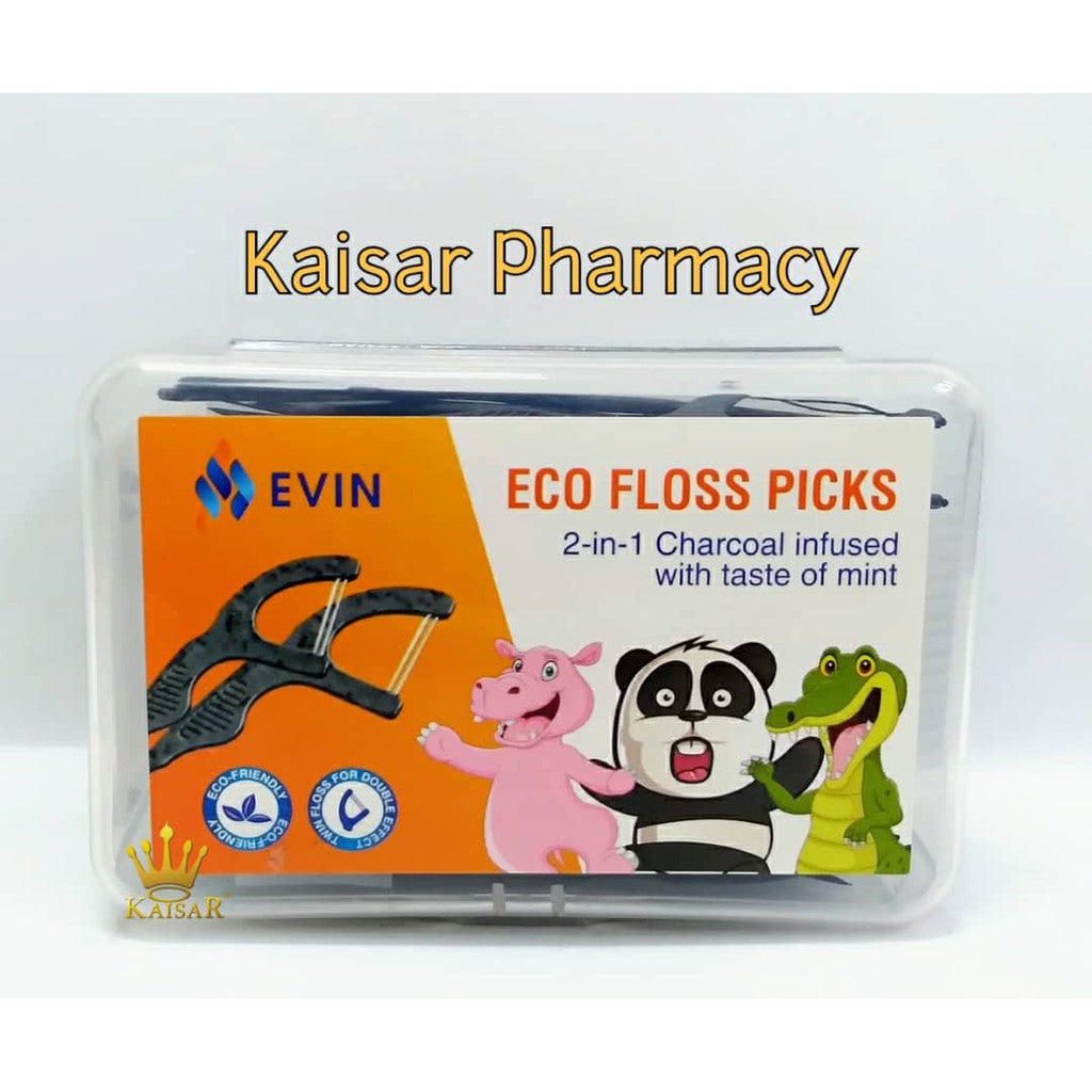 Evin Eco Floss Picks 2-In-1 Charcoal Mint 50pcs
