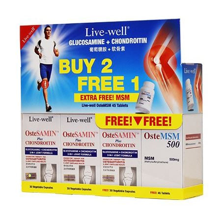 Live-Well Ostesamin + Chondroitin Capsules [2 X 30s + FOC 30s + FOC Ostemsm 500mg 45s, 2 X 100s + FOC 100s + FOC Ostemsm 150s]